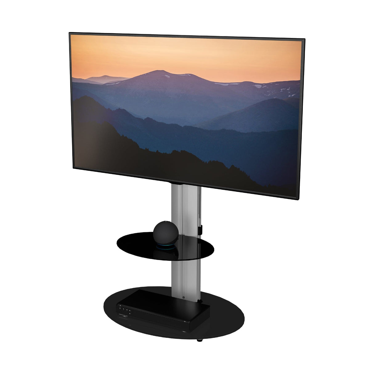 AVF Eno 60cm Pedestal TV Stand, with Shelf - Silver & Black Glass