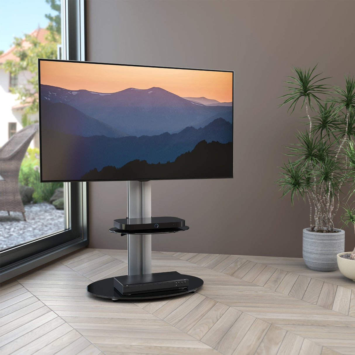 AVF Eno 60cm Pedestal TV Stand, with Shelf - Silver & Black Glass