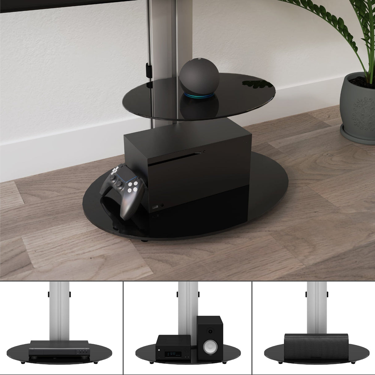 AVF Eno 60cm Pedestal TV Stand, with Shelf - Silver & Black Glass