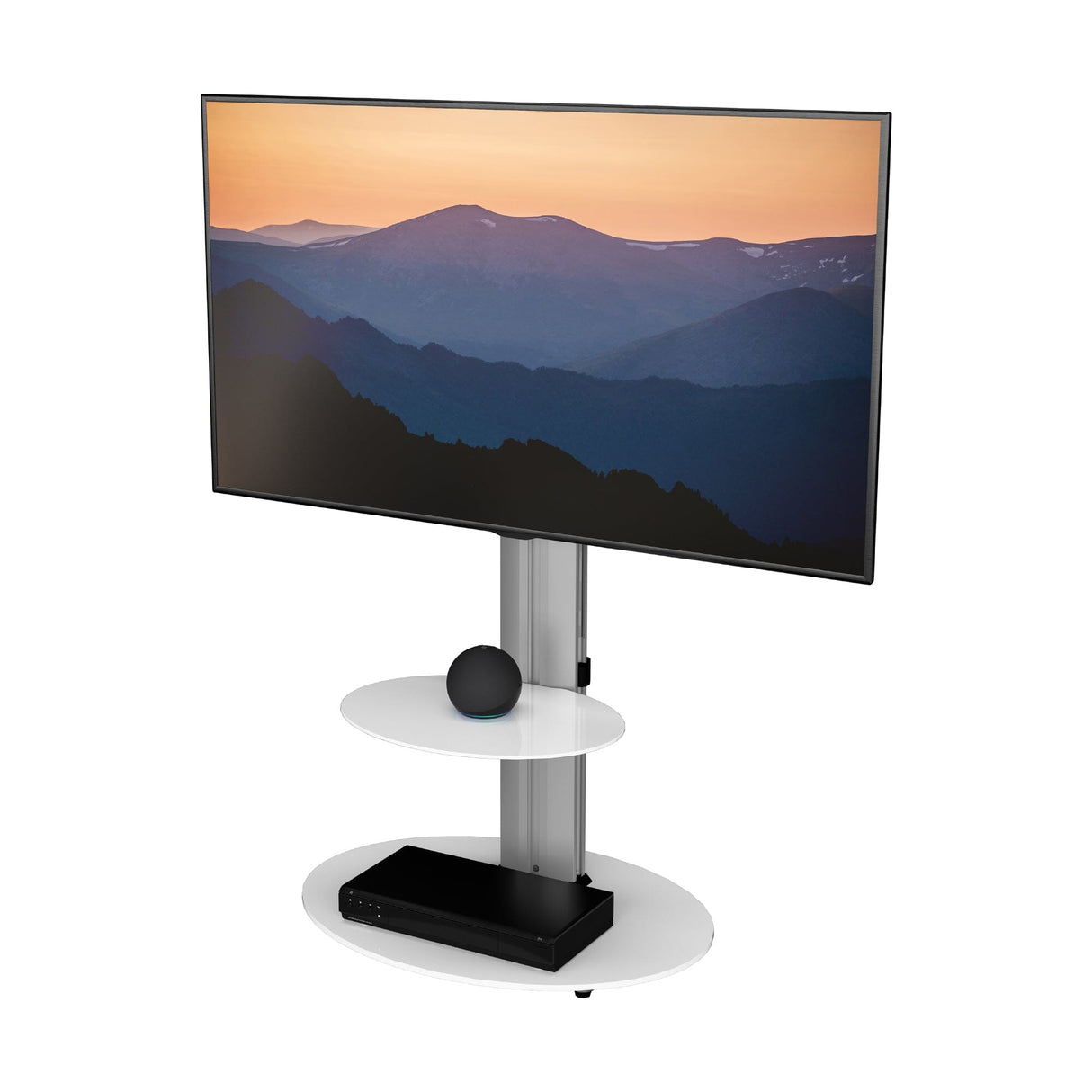 AVF Eno 60cm Pedestal TV Stand, with Shelf - Silver & White Glass