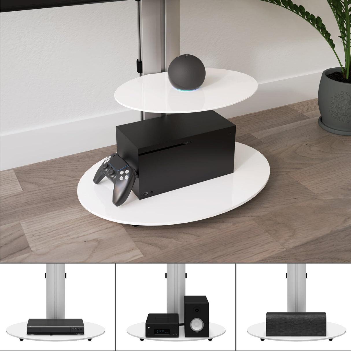 AVF Eno 60cm Pedestal TV Stand, with Shelf - Silver & White Glass