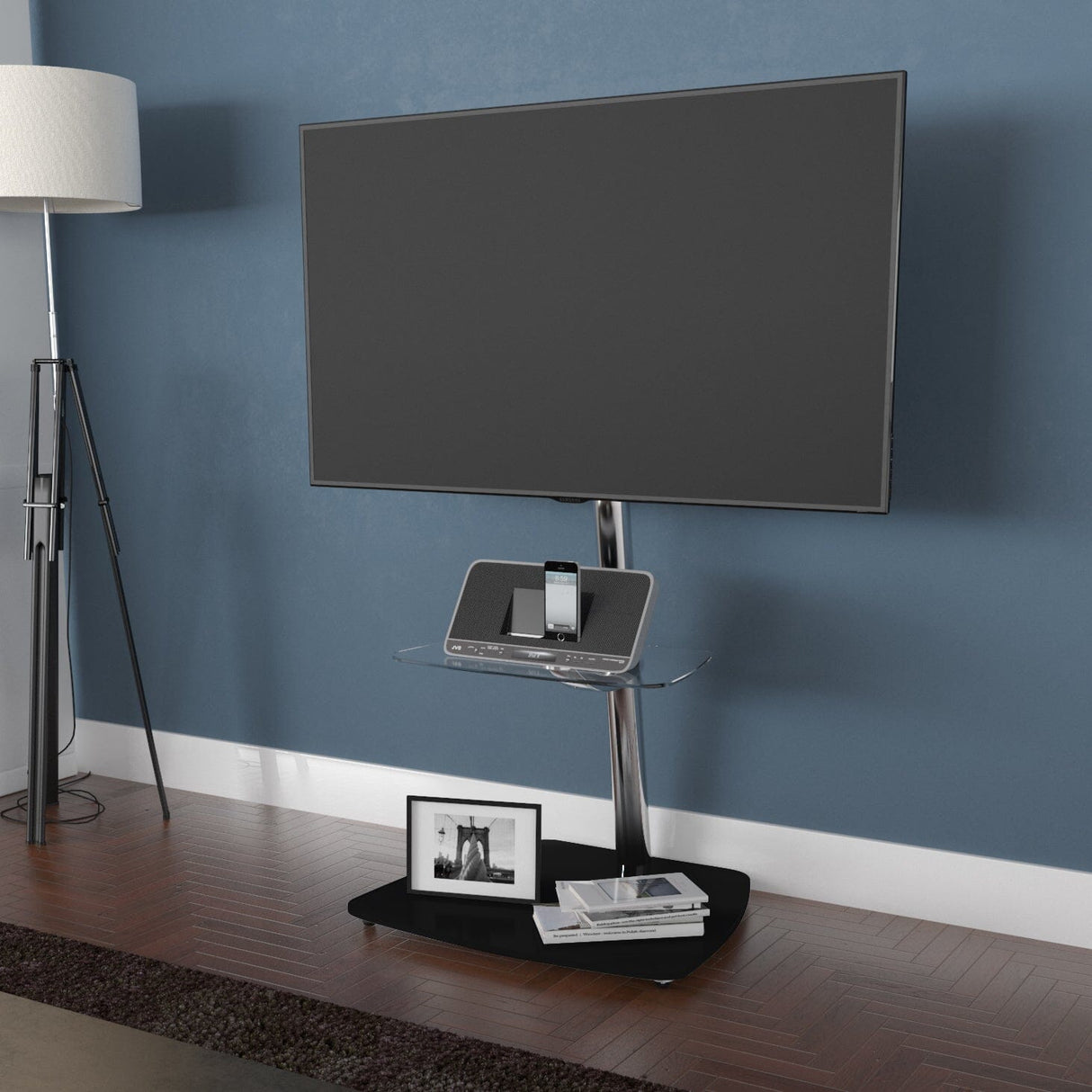 AVF Iseo 60cm Pedestal TV Stand - Chrome/ Clear & Black Glass