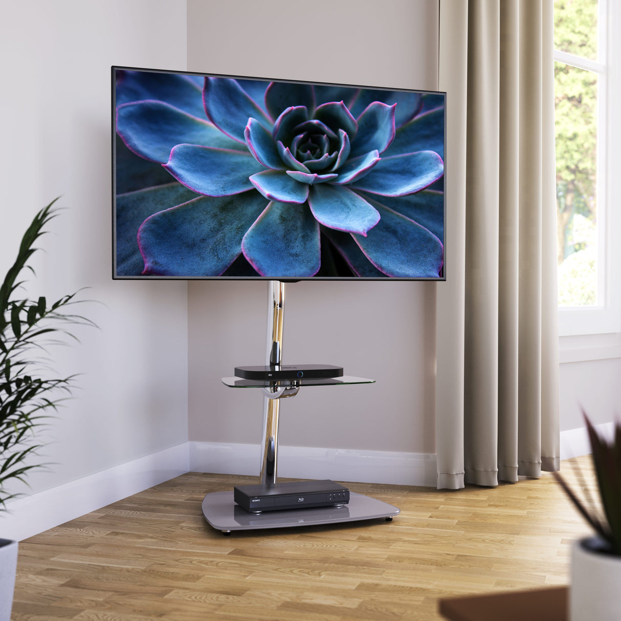 AVF Iseo 60cm Pedestal TV Stand - Chrome/Clear & Grey Glass