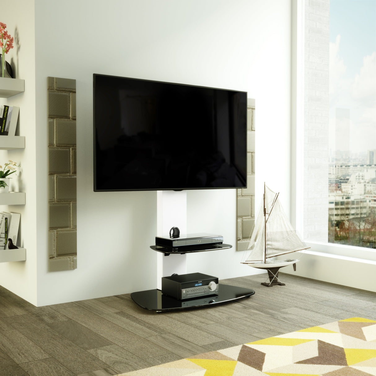AVF Lucerne 70cm Curved Pedestal TV Stand - Satin White & Black Glass