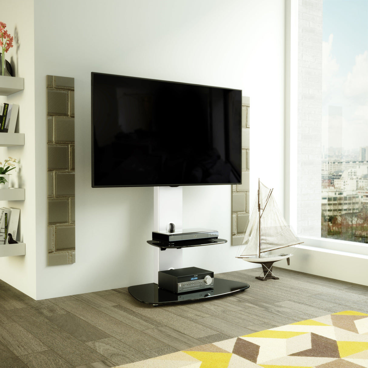 AVF Lucerne 70cm Curved Pedestal TV Stand - Silver & Black Glass