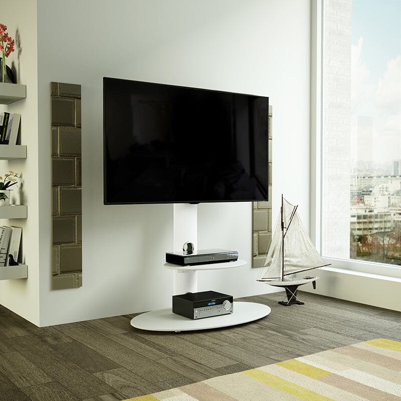 AVF Lugano 80cm Oval Pedestal TV Stand - Satin White and White Glass