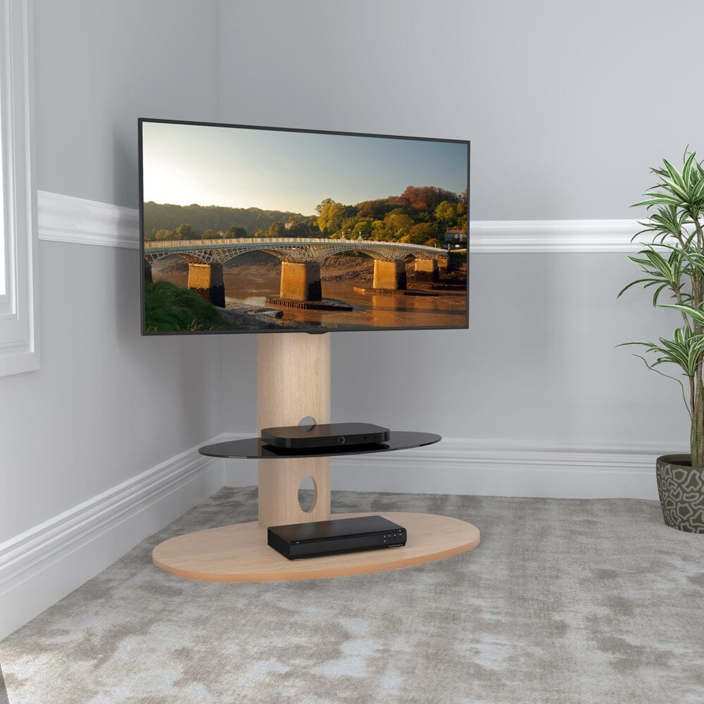 AVF Affinity Chepstow 93cm Oval Pedestal Whitewashed Oak TV Stand, for TVs 32 - 65"