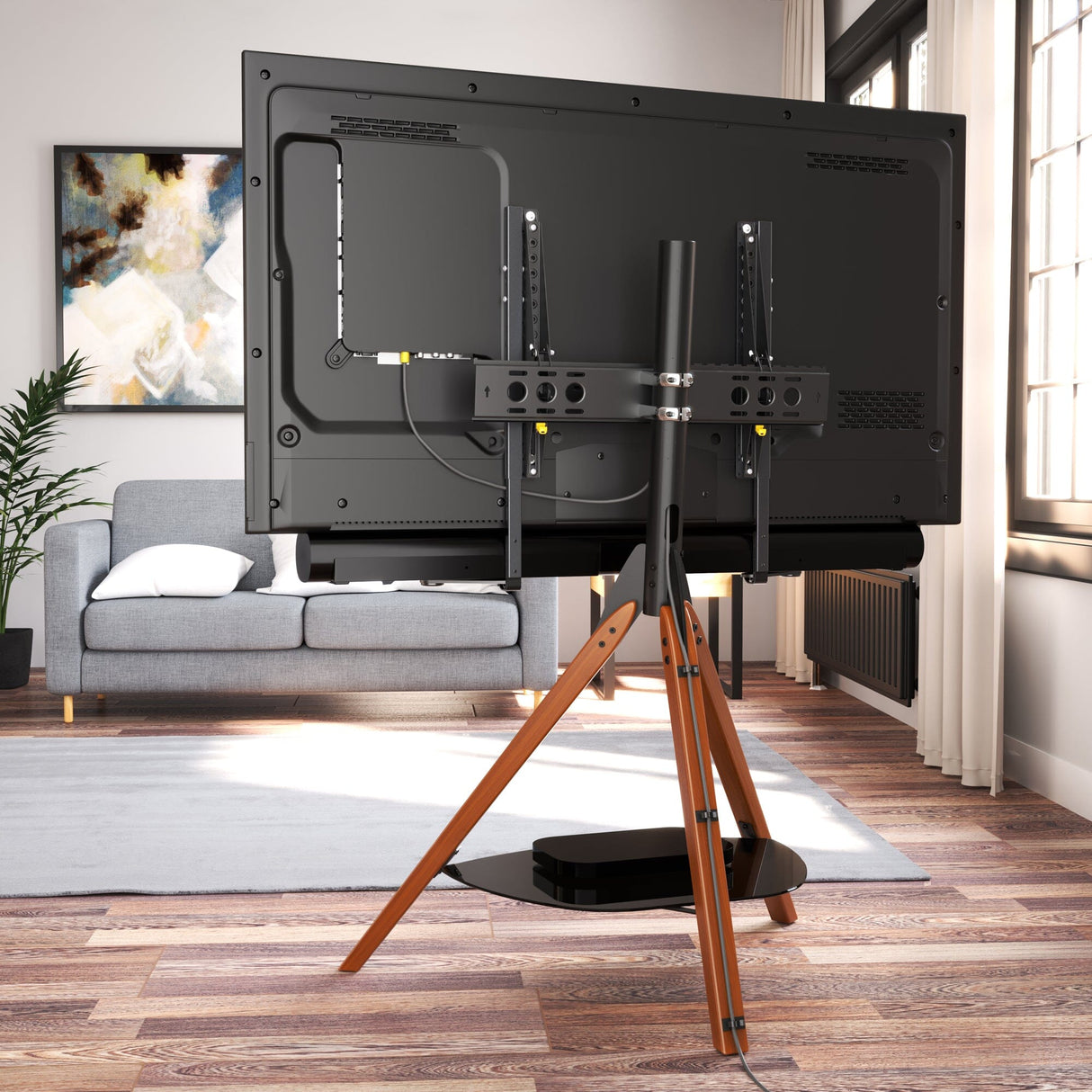 AVF Hoxton Sound Freestanding Tripod Dark Wood TV Stand with Soundbar Bracket