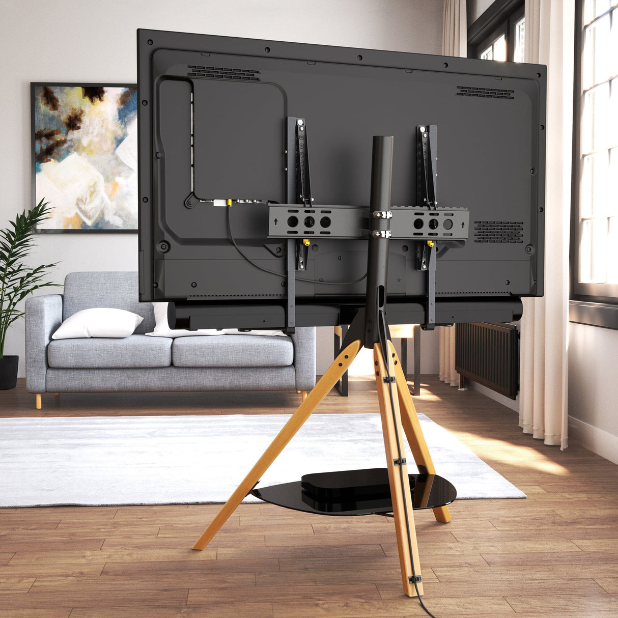 AVF Hoxton Sound Freestanding Tripod Light Wood TV Stand with Soundbar Bracket