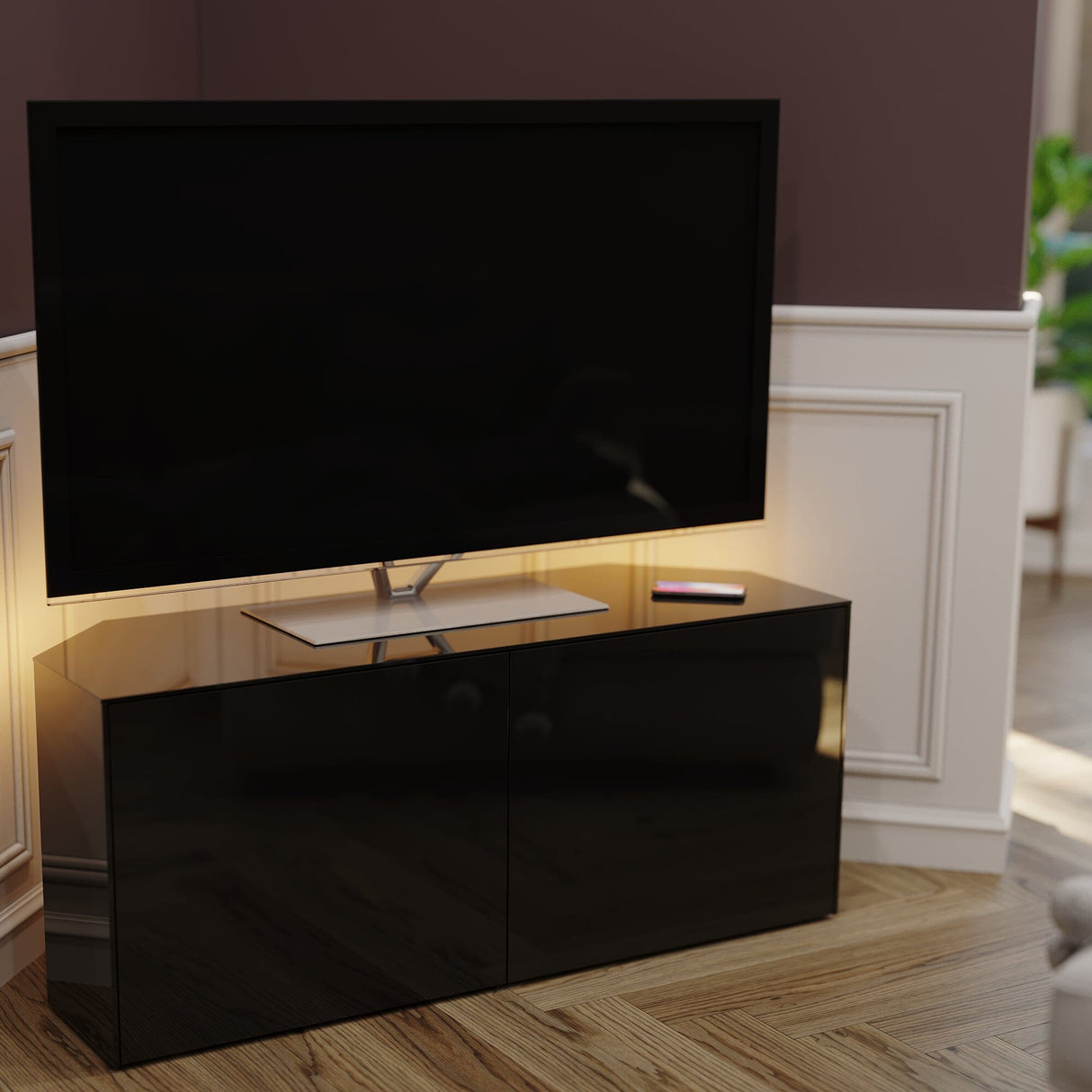 Frank Olsen High Gloss Black 1200mm Corner TV Cabinet with LED Lighting