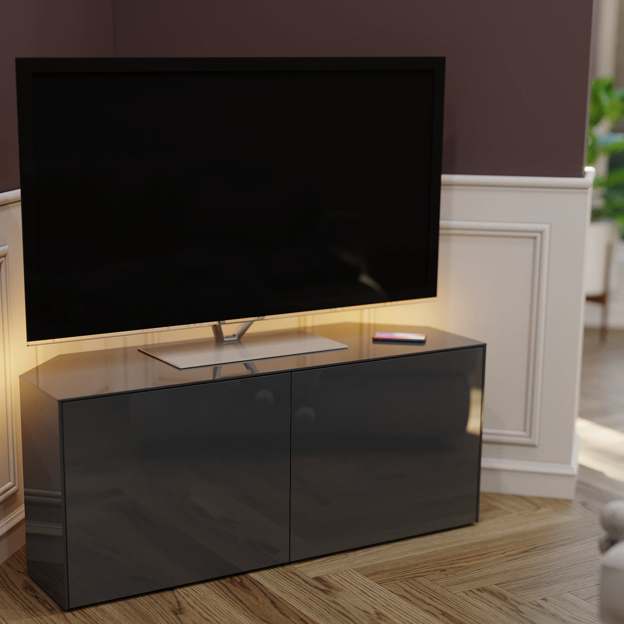 Frank Olsen High Gloss Grey 1200mm Corner TV Cabinet with LED Lighting