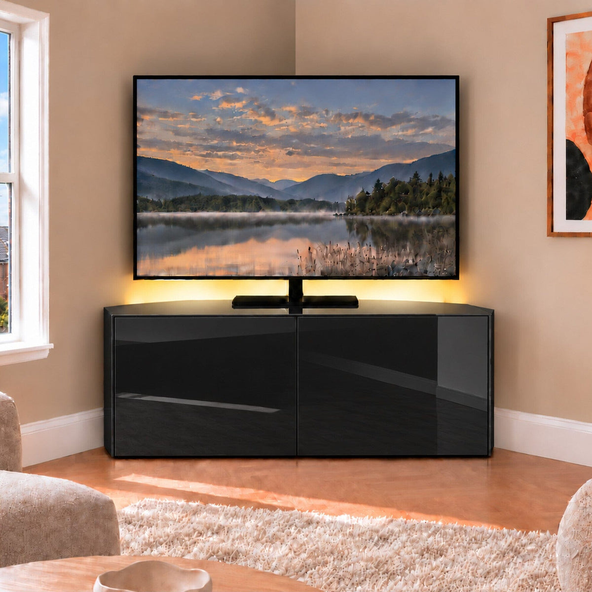 Frank Olsen High Gloss Black 1200mm Corner TV Cabinet with LED Lighting