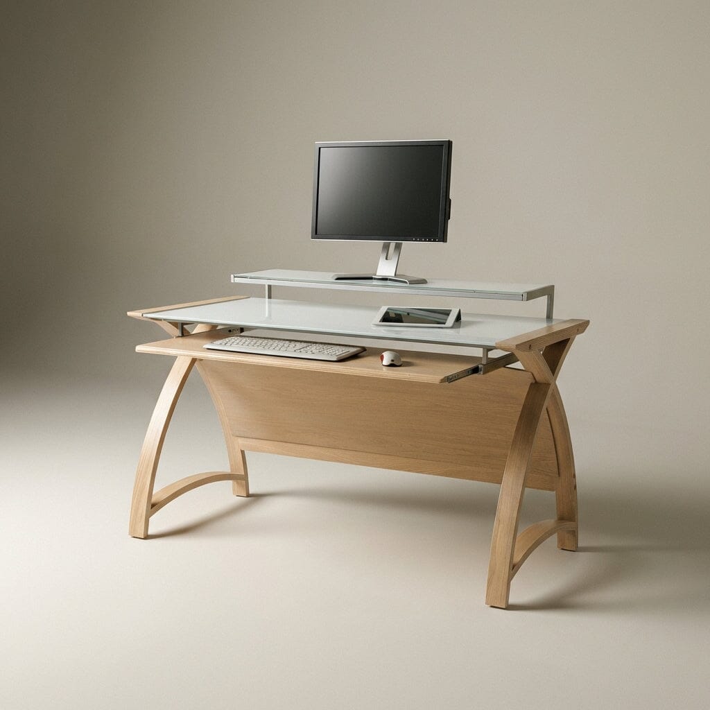 Jual Helsinki Curved 1300mm Computer Desk in Oak with White Glass