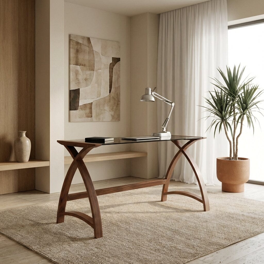 Jual Helsinki Curved 1300mm Laptop Desk in Walnut and Black Glass