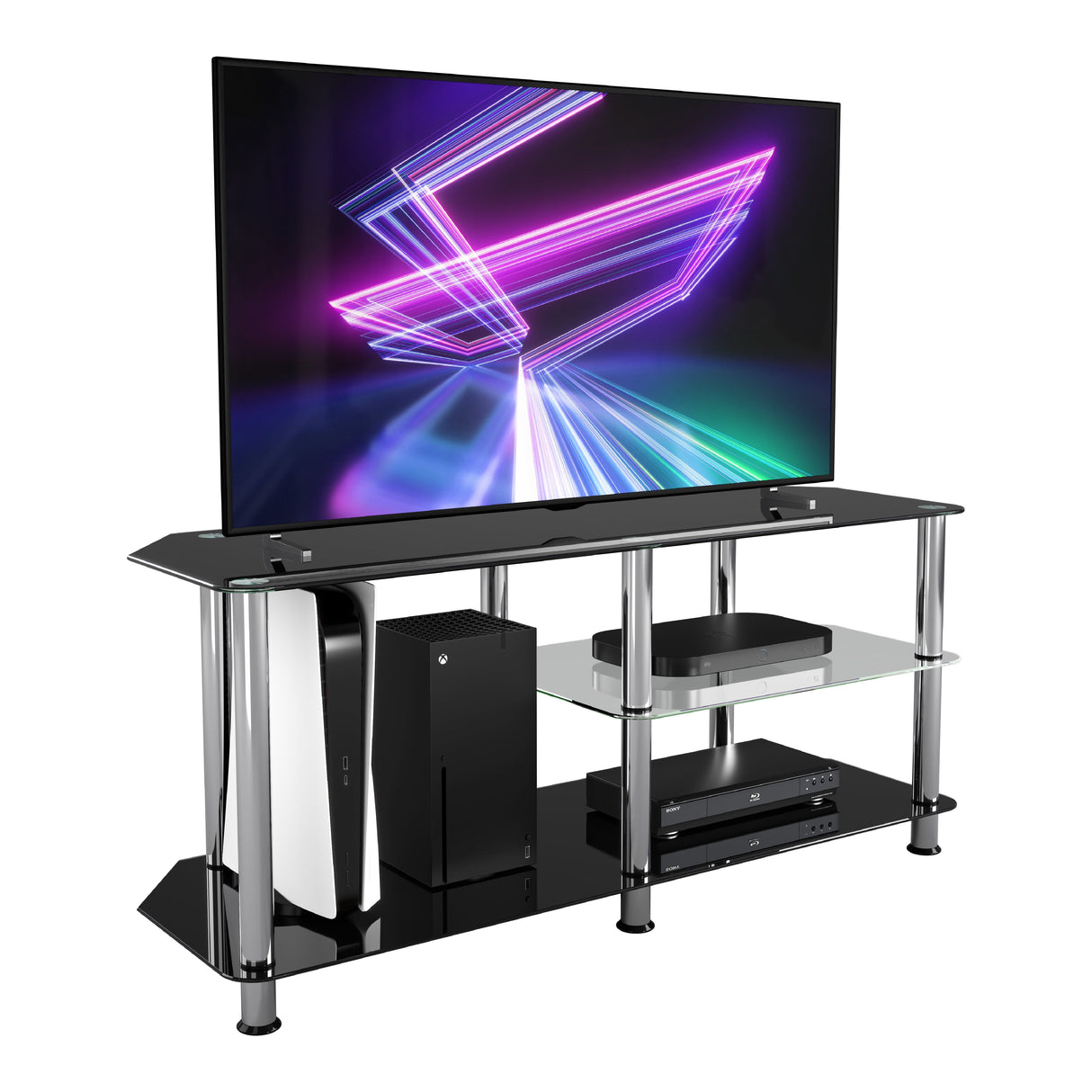 AVF Classic 1.14m Glass TV Stand with Vertical Storage - Black & Chrome