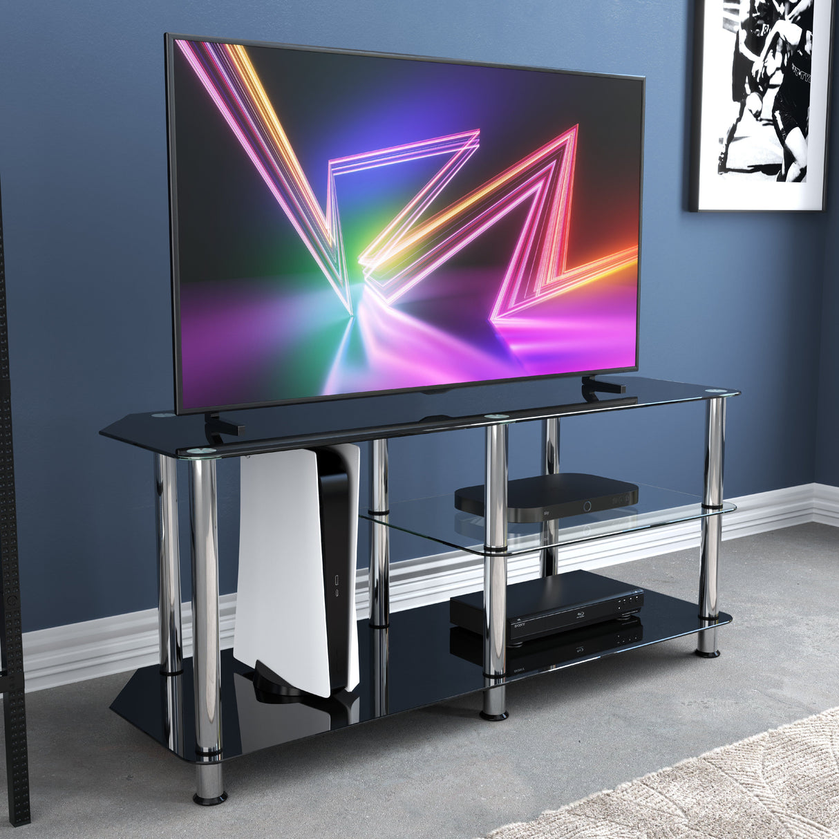 AVF Classic 1.14m Glass TV Stand with Vertical Storage - Black & Chrome