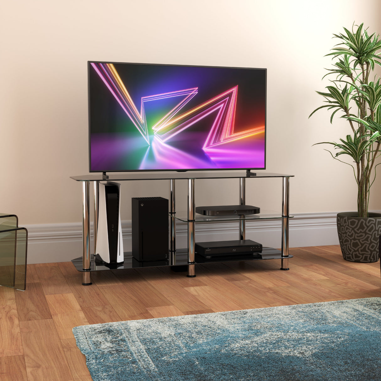 AVF Classic 1.14m Glass TV Stand with Vertical Storage - Black & Chrome