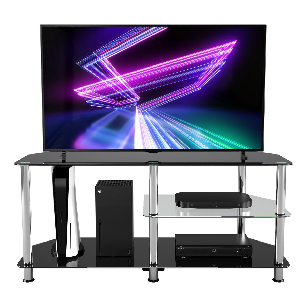 AVF Classic 1.14m Glass TV Stand with Vertical Storage - Black & Chrome