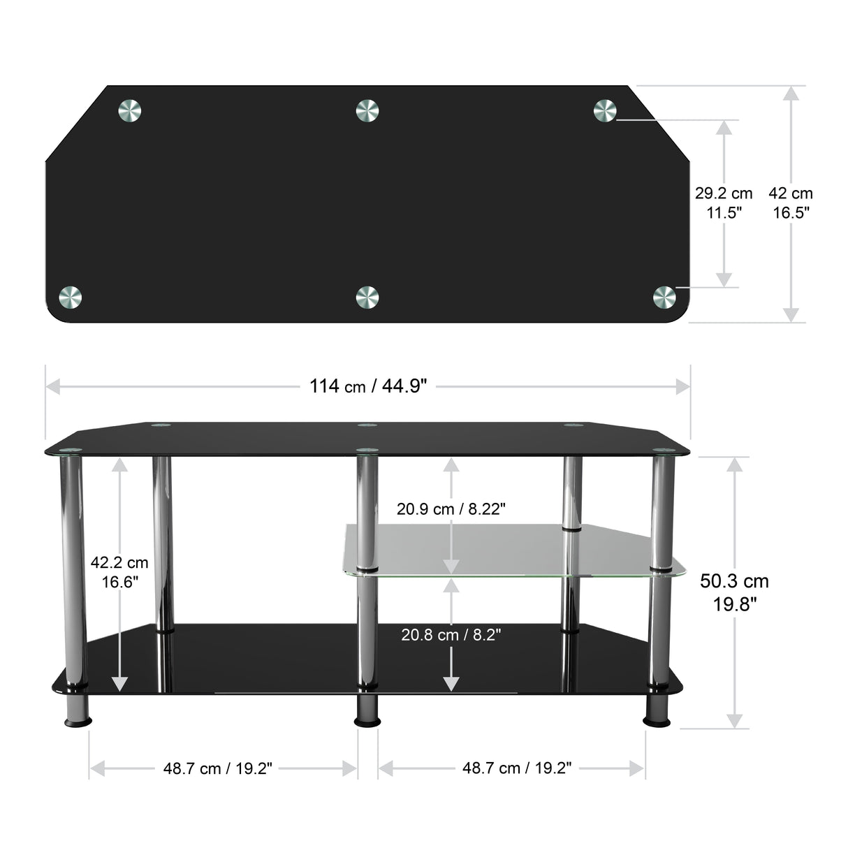 AVF Classic 1.14m Glass TV Stand with Vertical Storage - Black & Chrome