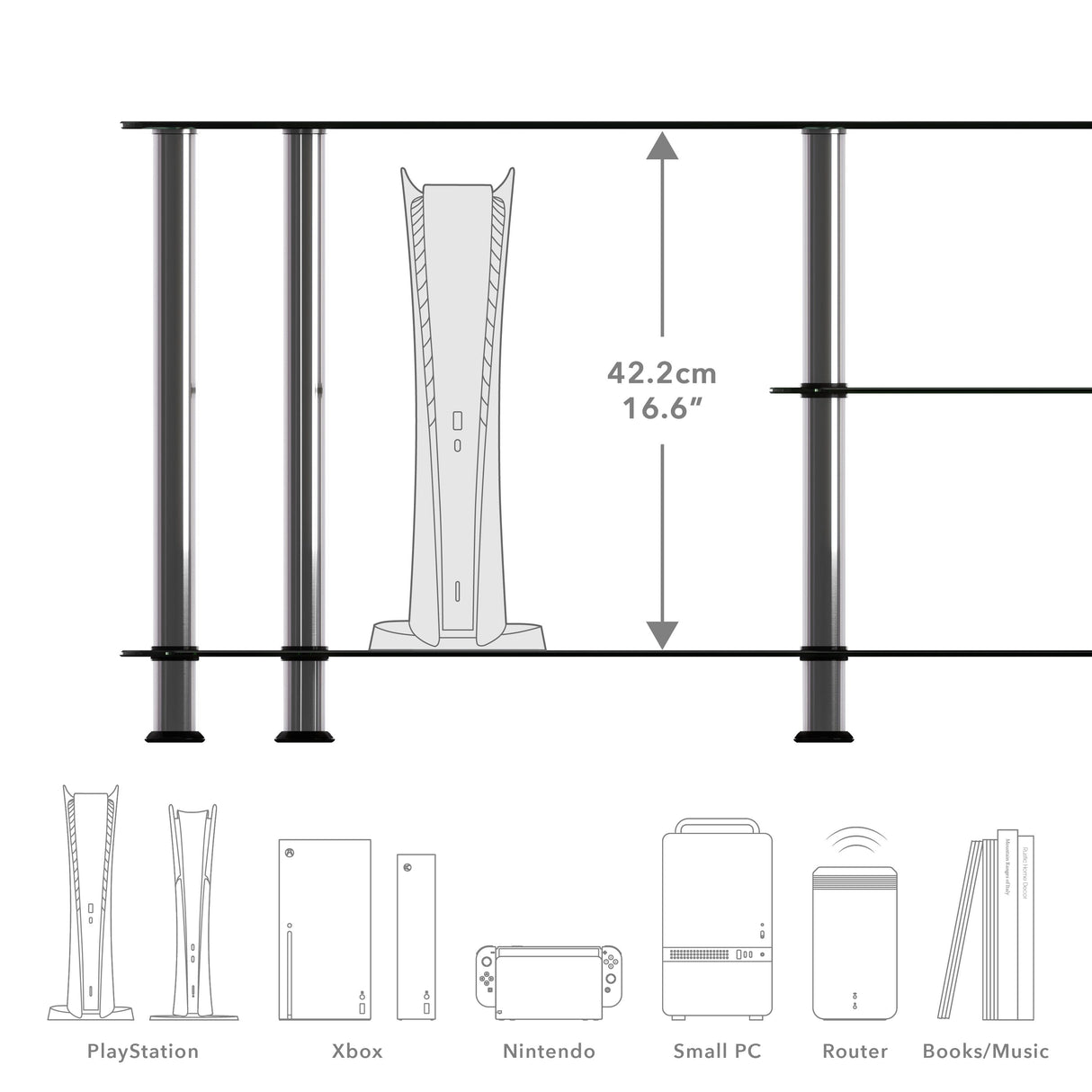 AVF Classic 1.14m Glass TV Stand with Vertical Storage - Black & Chrome