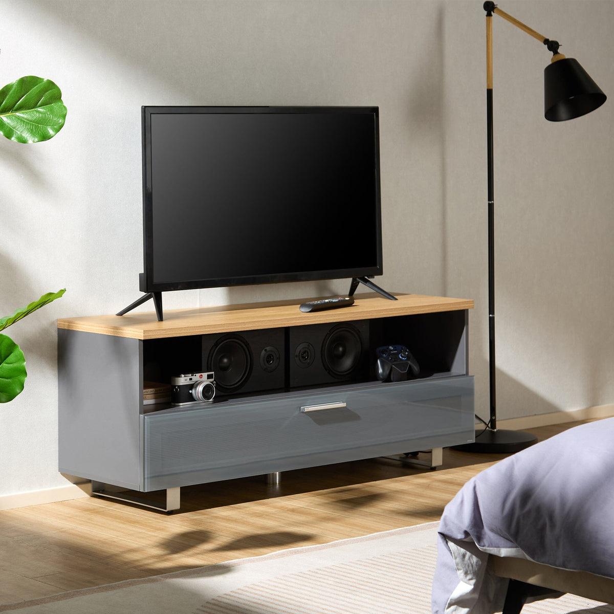 TTAP Sorrento Oak and Satin Grey 120cm Wide TV Cabinet (SOR-1200-GRY)
