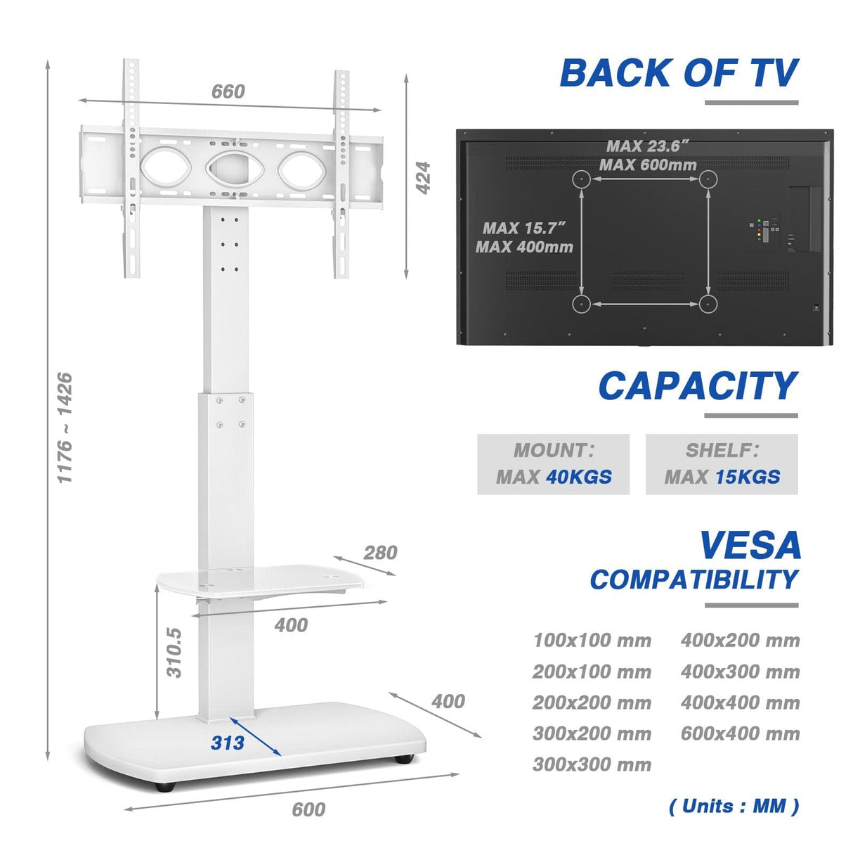 TTAP FS1-WHT White TV Stand with Height Adjustable Swivel Bracket for up to 55" TVs
