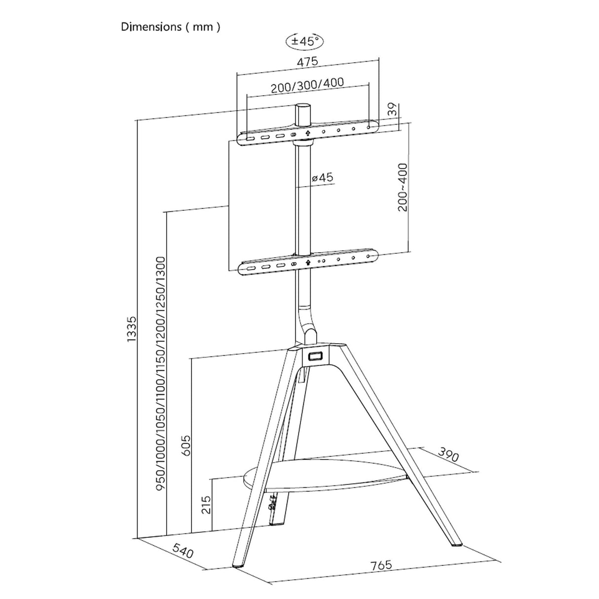 TTAP Tripod Black TV Stand with Shelf and Swivel for up to 65" TVs
