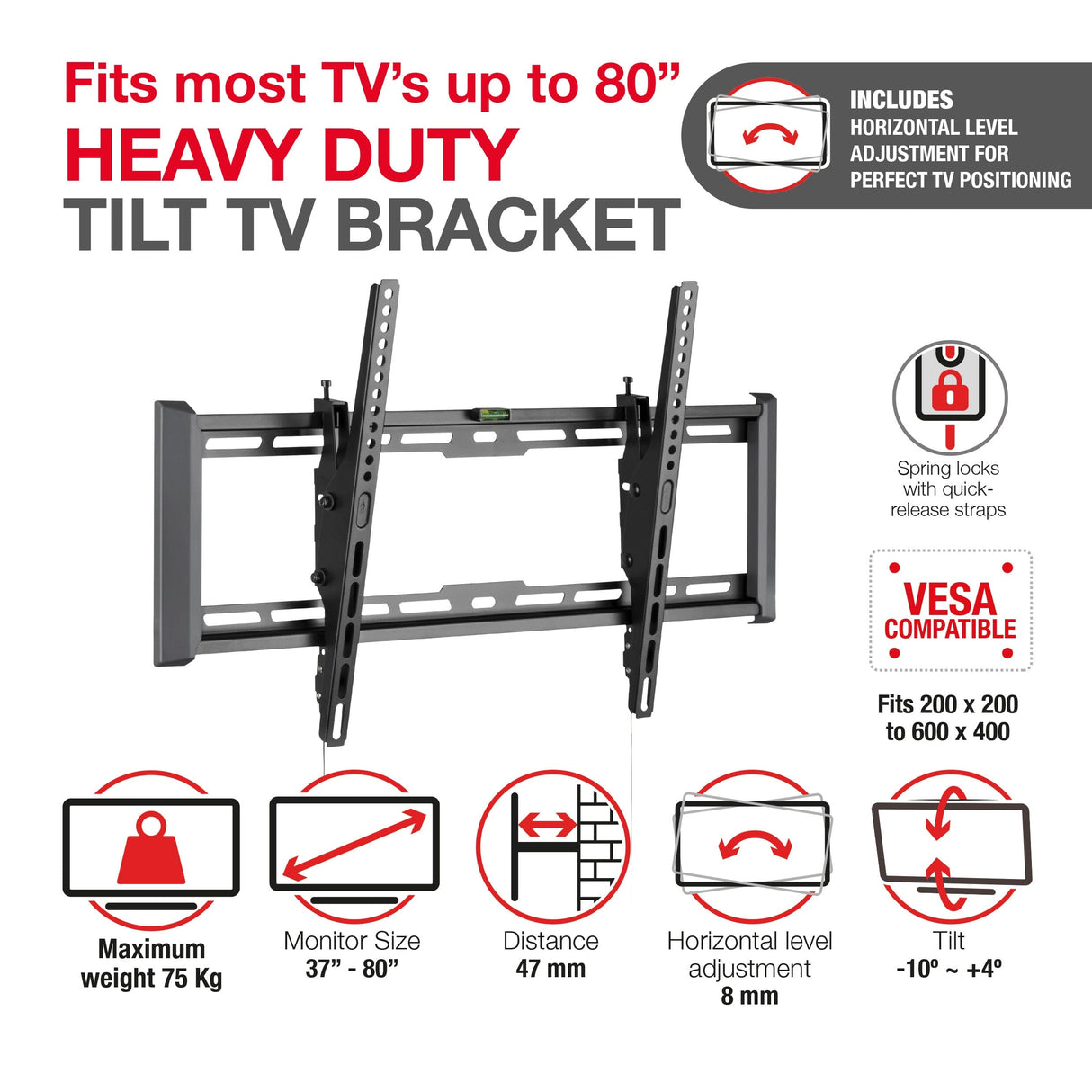 TTAP TTD604TLA Tilting TV Bracket for up to 80 inch with Level Adjustment