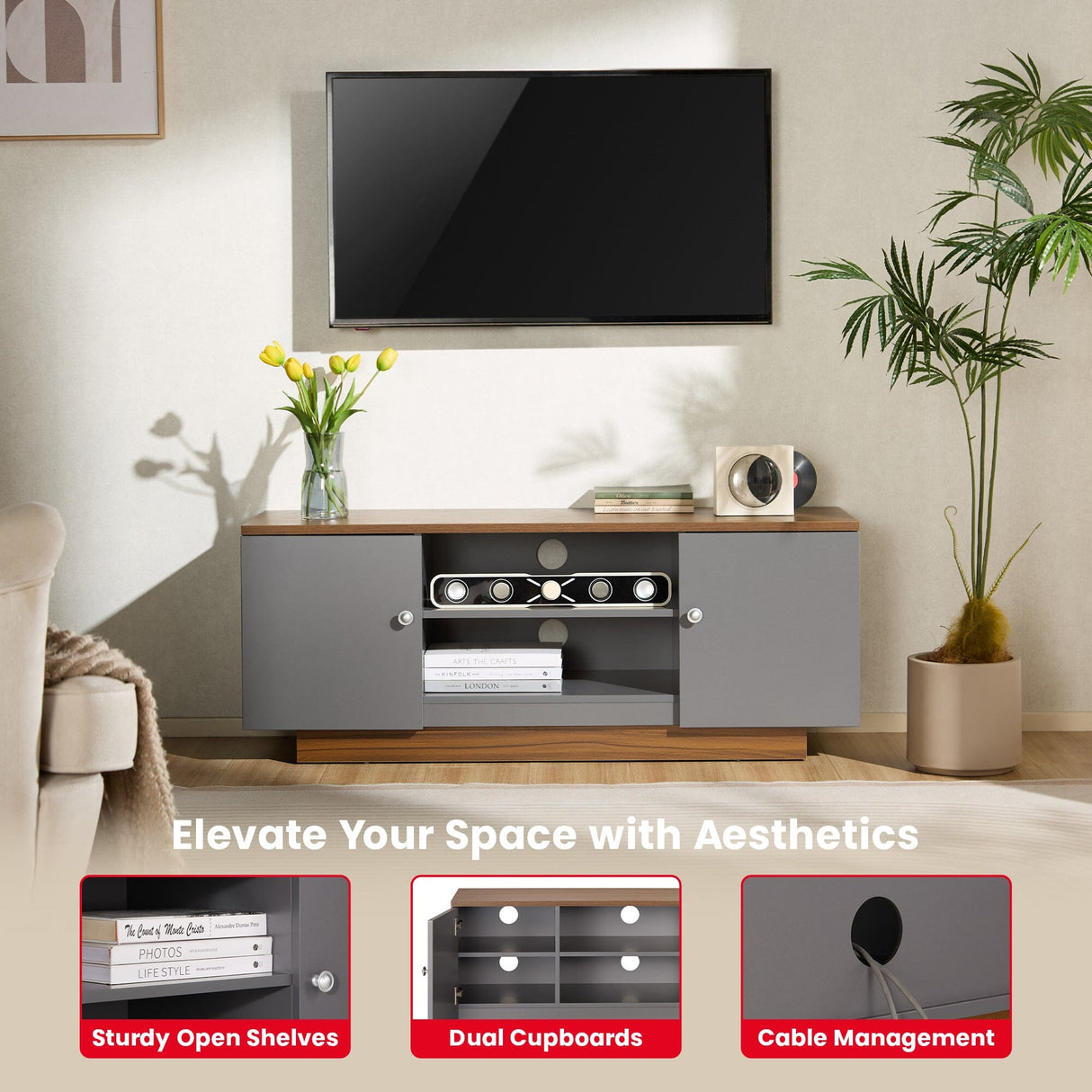 TTAP Venice 120cm Wide Walnut and Grey TV Stand