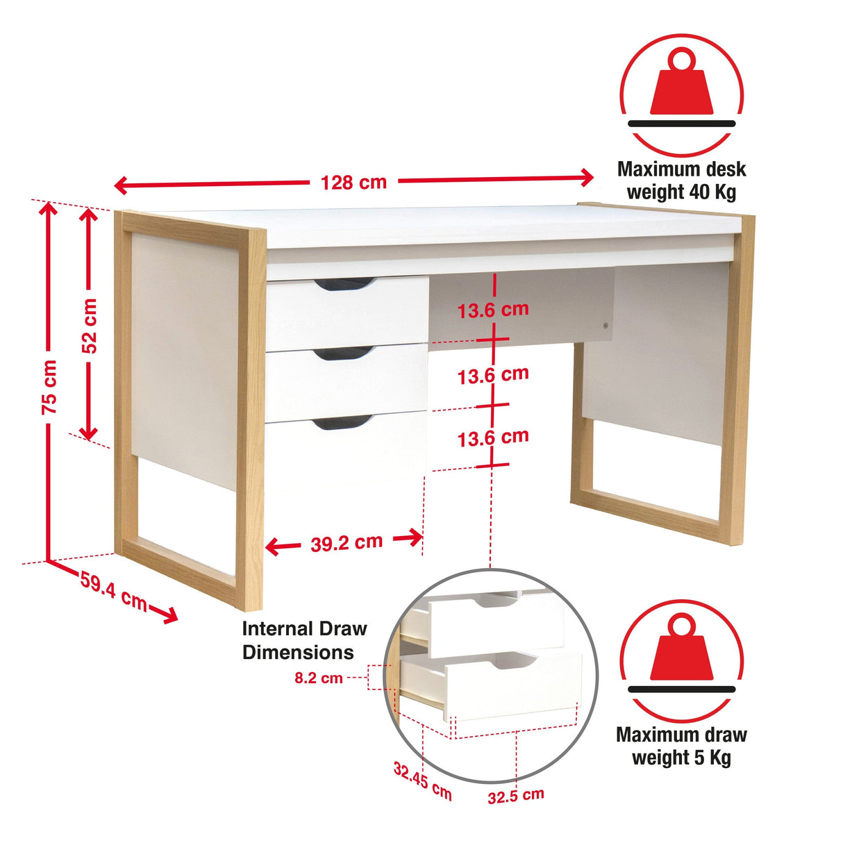 TTAP Alcarno Oak and White 128cm Wide Desk