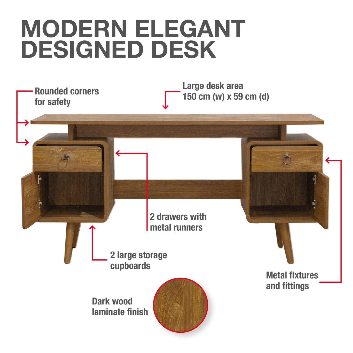 TTAP Arezzo Dark Wood 150cm Wide Desk