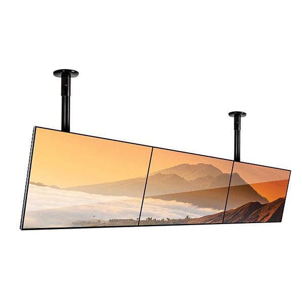 Triple screen TV ceiling mount by B-Tech, showing three flat screens side by side mounted on a ceiling with a black pole and brackets.