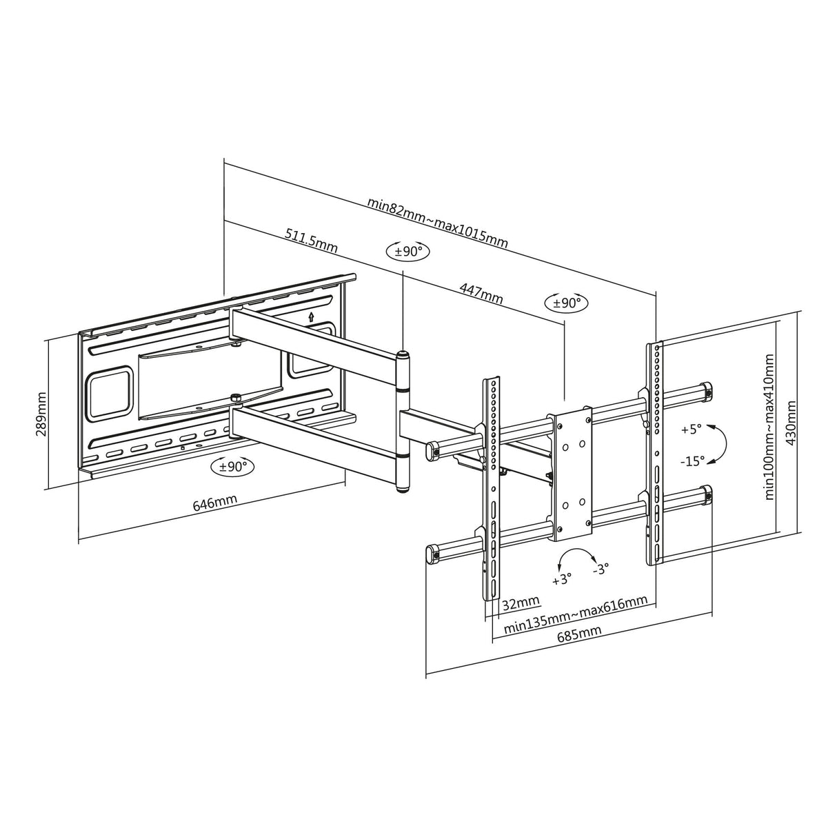 TTAP TTD604DA4 Full Motion Extended Reach TV Bracket for up to 80 inch