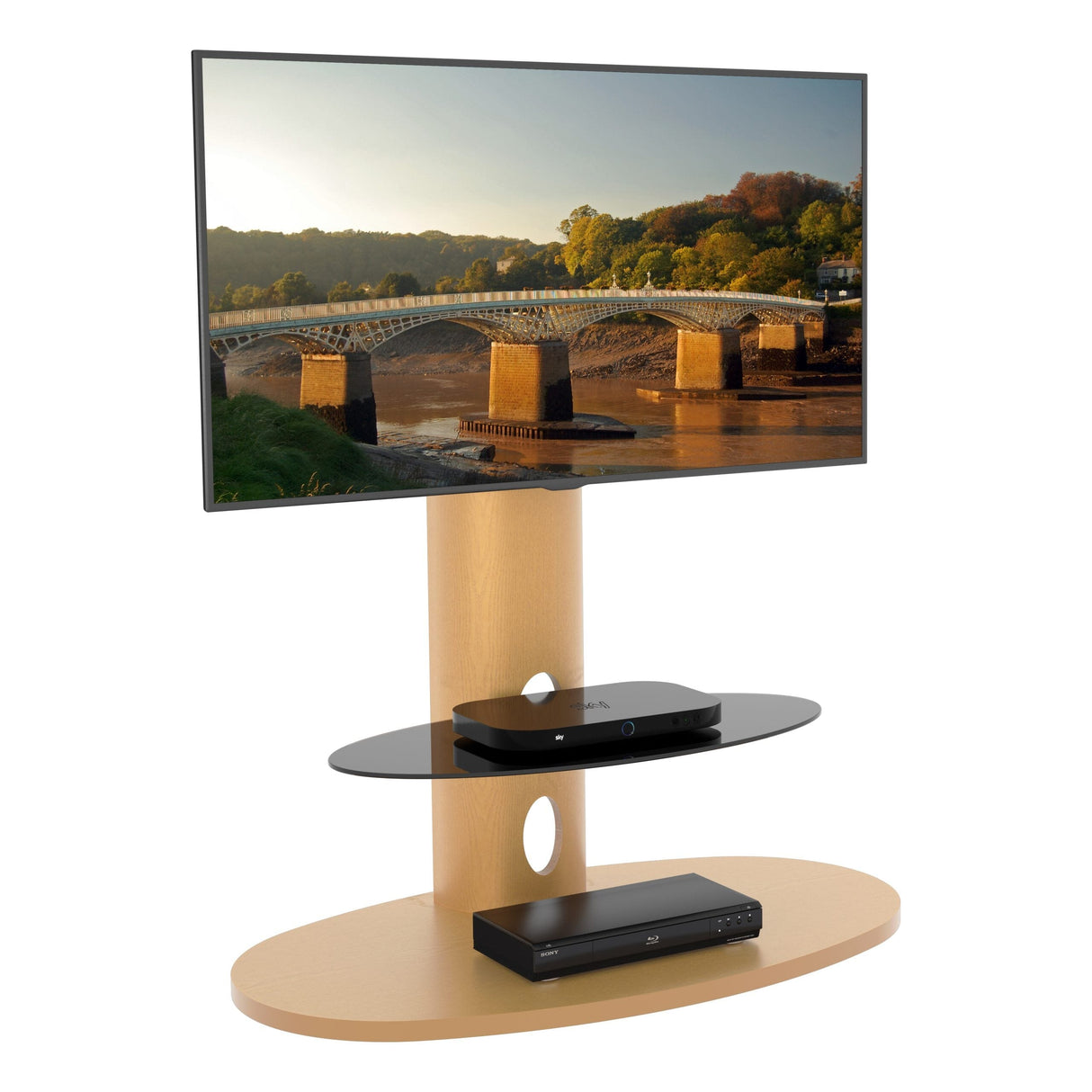 AVF Affinity Chepstow Plus 93cm Oval Pedestal Oak TV Stand with Turn, for TVs 32 - 65"