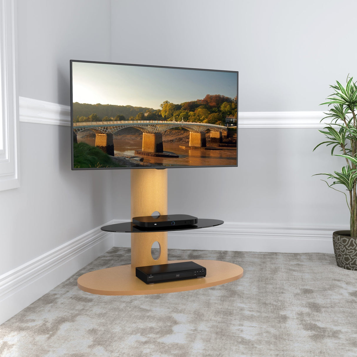 AVF Affinity Chepstow Plus 93cm Oval Pedestal Oak TV Stand with Turn, for TVs 32 - 65"