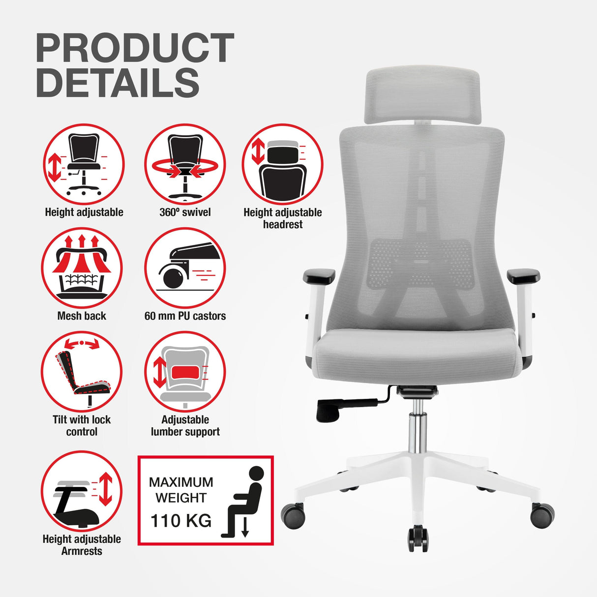 TTAP Oxford Plus Grey Mesh Office Chair