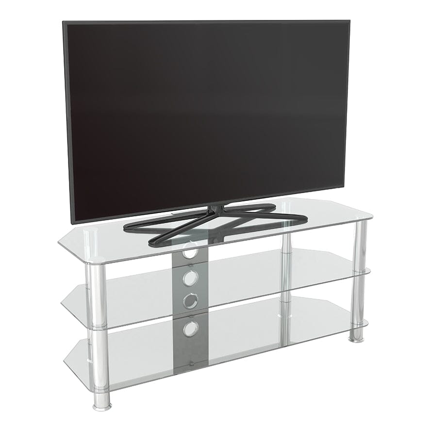 AVF SDC1140CMCC: Classic 1.14m Glass Corner TV Stand with Cable Management (Clear & Chrome)