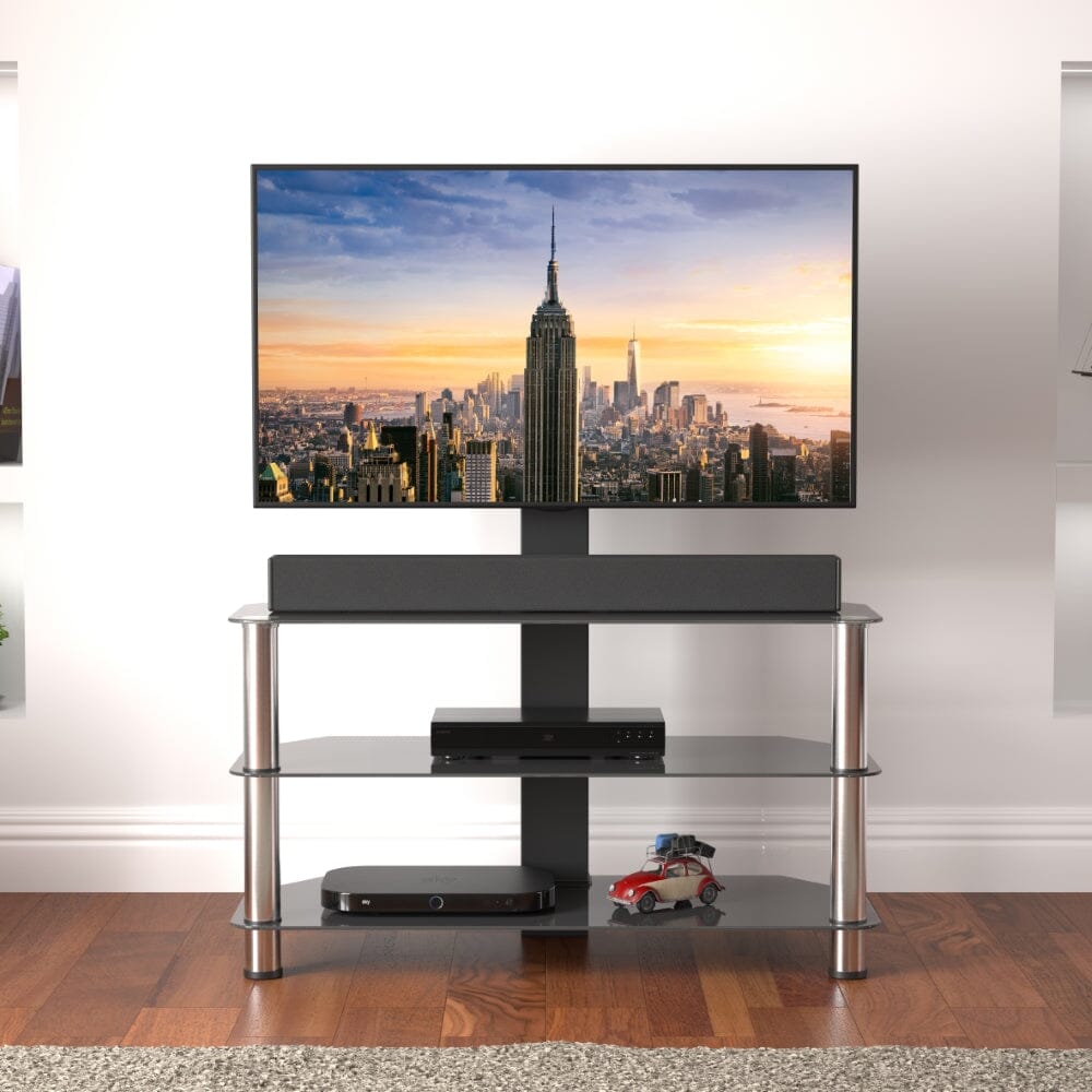 AVF SDCL900: Classic 90cm Glass Corner TV Stand with Mount (Black & Chrome)