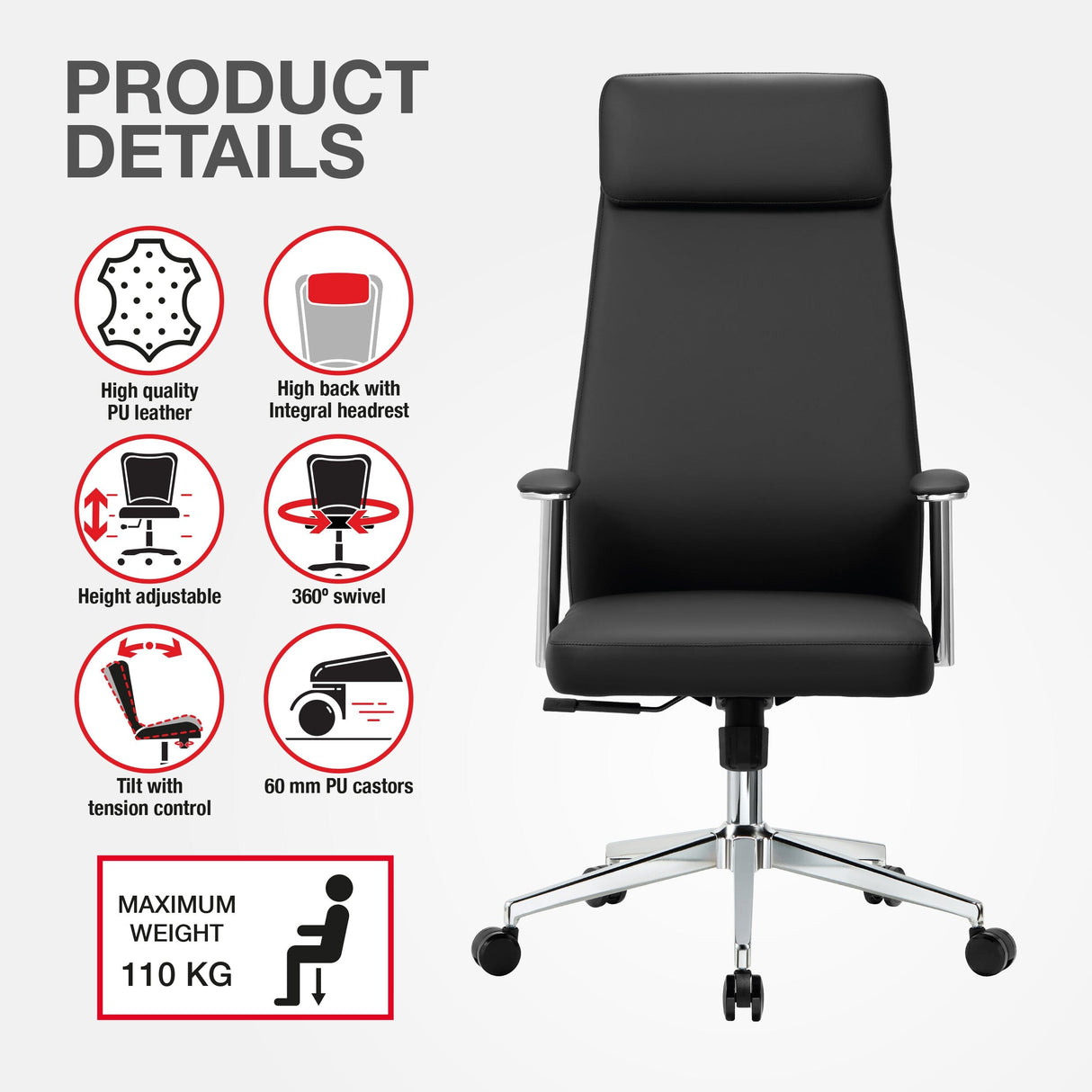 TTAP York Black Leather Faced Office Chair
