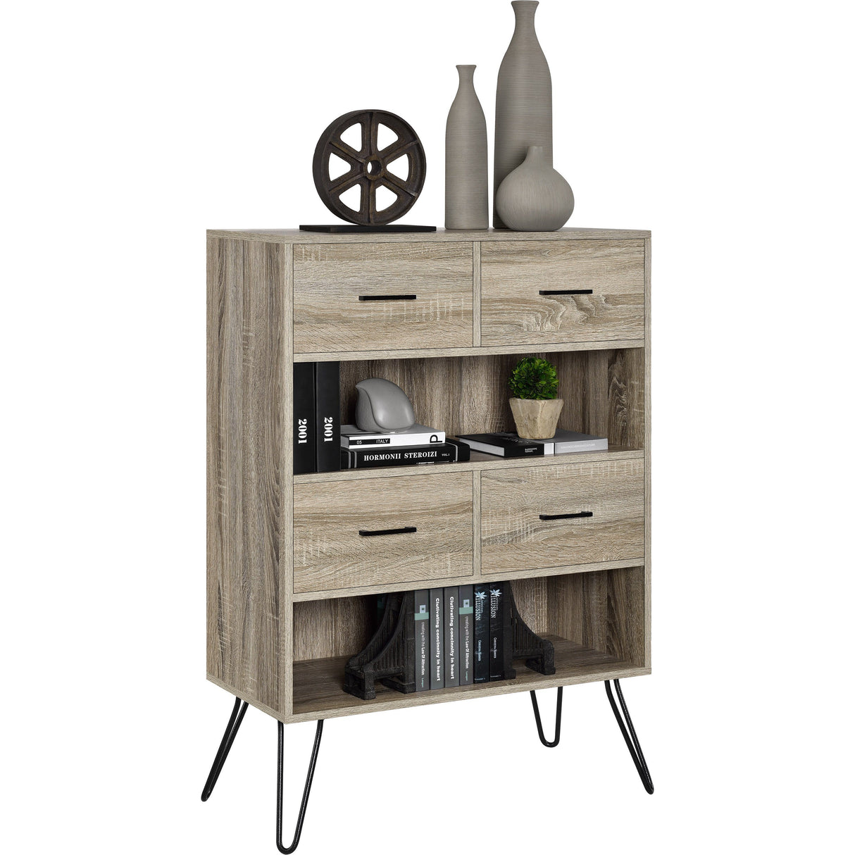 Dorel Home Landon Range Retro Bookcase in Distressed Grey Oak