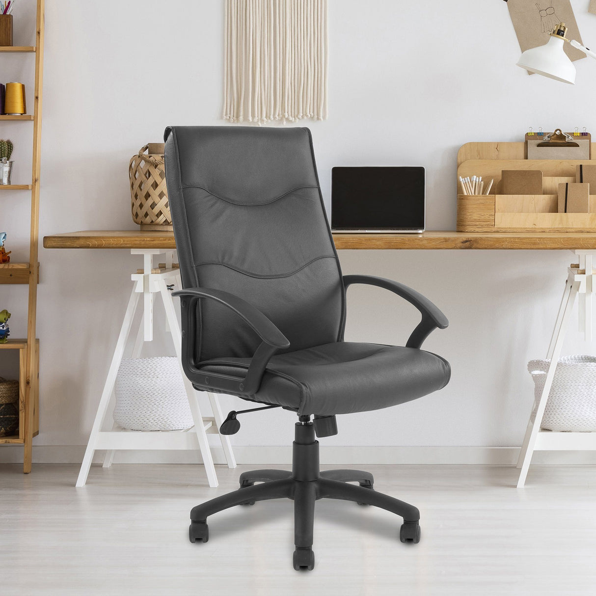 Nautilus Designs Swithland High Back Leather Faced Executive Armchair with Detailed Stitching - Black