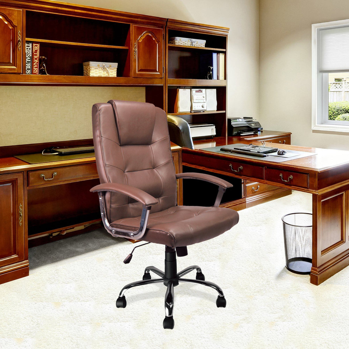 Nautilus Designs Westminster High Back Leather Faced Executive Armchair with Integral Headrest and Chrome Base - Brown