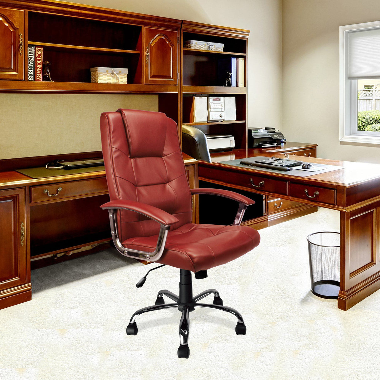 Nautilus Designs Westminster High Back Leather Faced Executive Armchair with Integral Headrest and Chrome Base - Burgundy