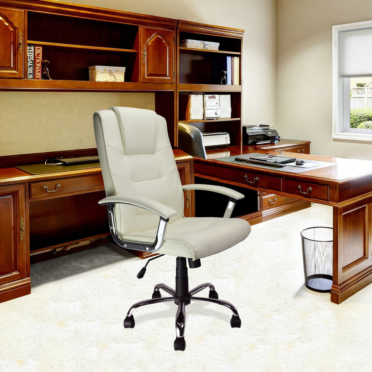 Nautilus Designs Westminster High Back Leather Faced Executive Armchair with Integral Headrest and Chrome Base - Cream