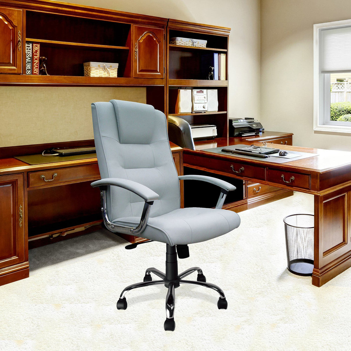 Nautilus Designs Westminster High Back Leather Faced Executive Armchair with Integral Headrest and Chrome Base - Silver