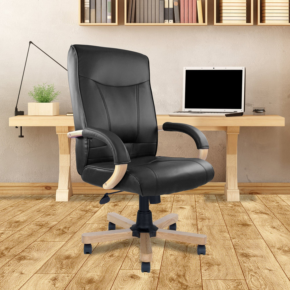 Nautilus Designs Troon High Back Leather Faced Executive Chair with Oak Effect Arms & Base - Black