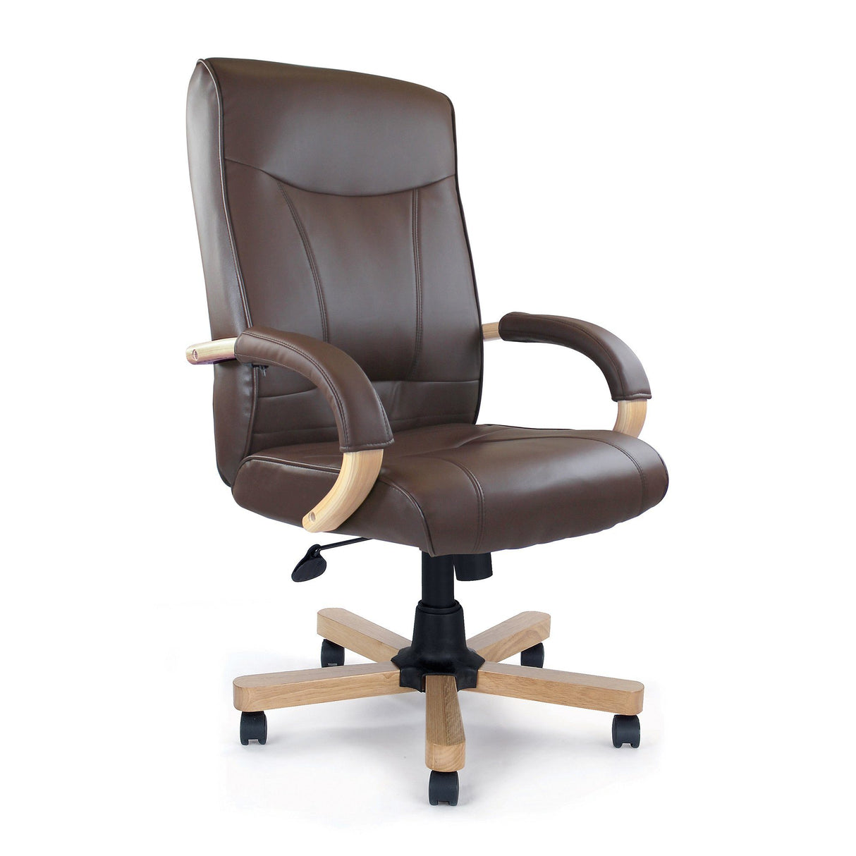 Nautilus Designs Troon High Back Leather Faced Executive Chair with Oak Effect Arms & Base - Brown