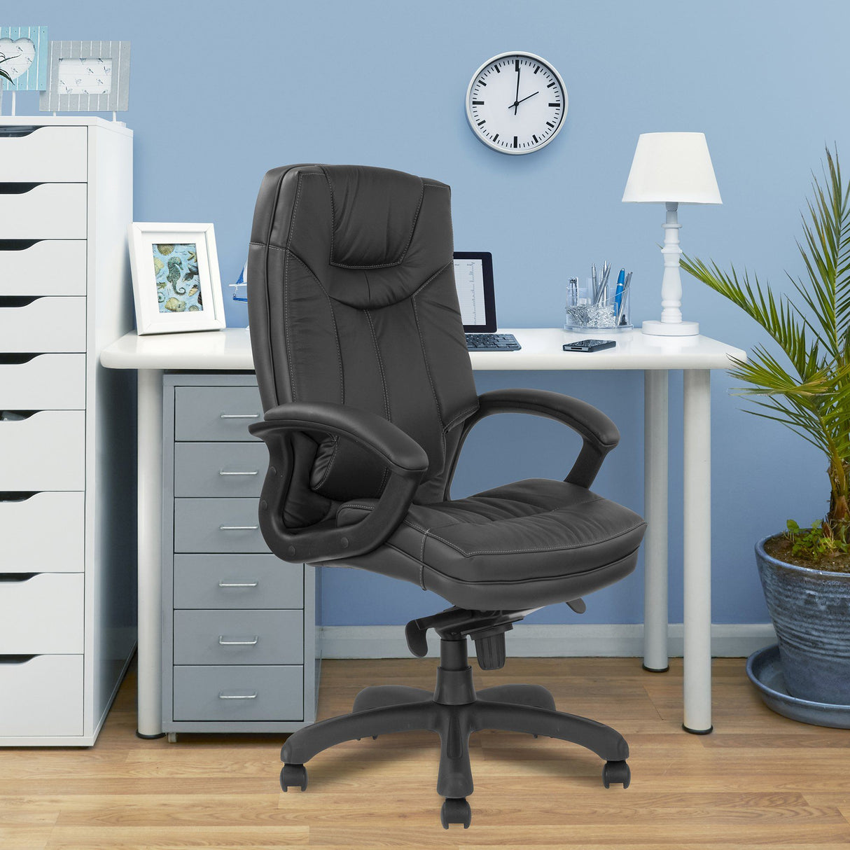Nautilus Designs Hudson Stylish High Back Leather Faced Executive Armchair with Upholstered Armrests and Pronounced Lumbar Support - Black