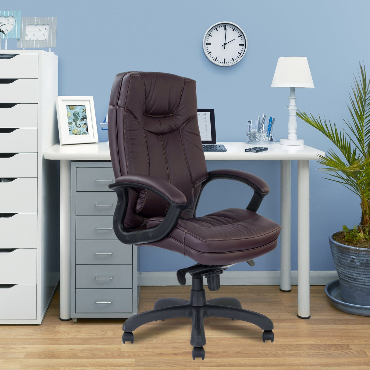 Nautilus Designs Hudson Stylish High Back Leather Faced Executive Armchair with Upholstered Armrests and Pronounced Lumbar Support - Burgundy