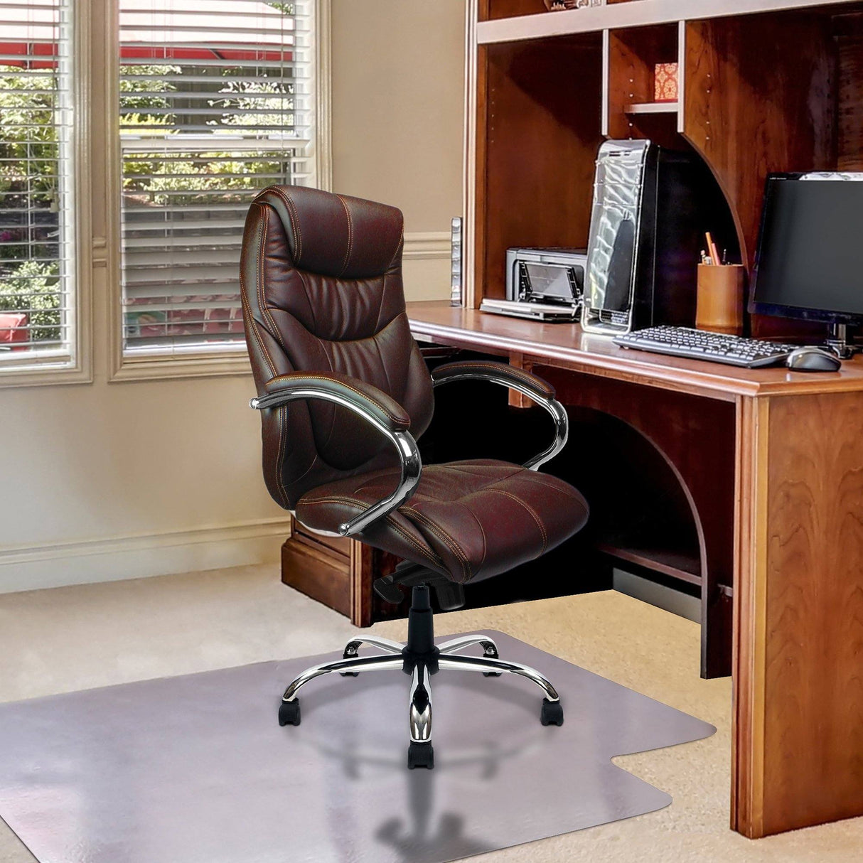 Nautilus Designs Sandown High Back Luxurious Leather Faced Synchronous Executive Armchair with Integral headrest and Chrome Base - Brown